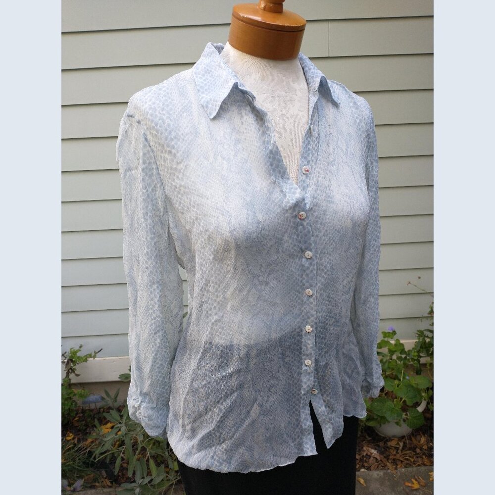 Blouse: Silk, blue/white, snakeskin print. Size medium - by Elie Tahari